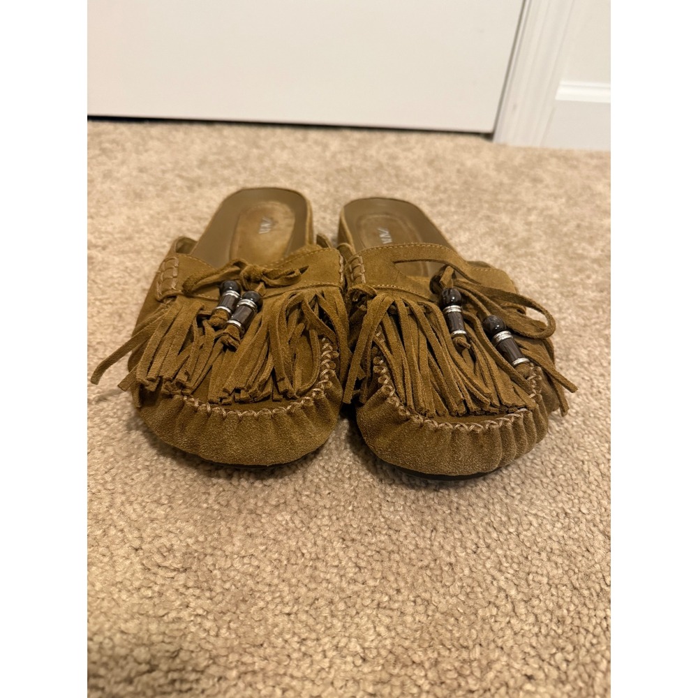 Zara Mules Womens 39 Brown Excellent Suede Fringe Bead Boho Western Loafers